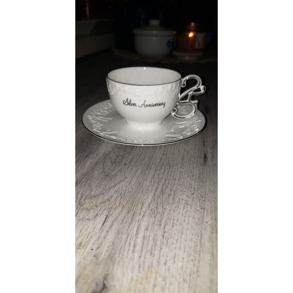 Vintage 1983 Enesco Silver Anniversary Wishes Tea Cup and Saucer Set